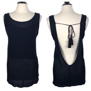 Yaya Aflalo Navy Blue Linen Blend Low Back Ribbed Knit Tank Top Women's Size M